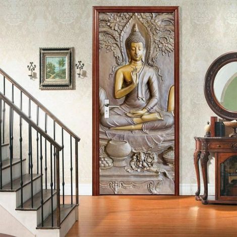 3D Porte Muraux Auto-adhésif Stickers - Statue De Bouddha - Vinyle étanche Porte Autocollants pour Salon Chambre Décoration (1/4)