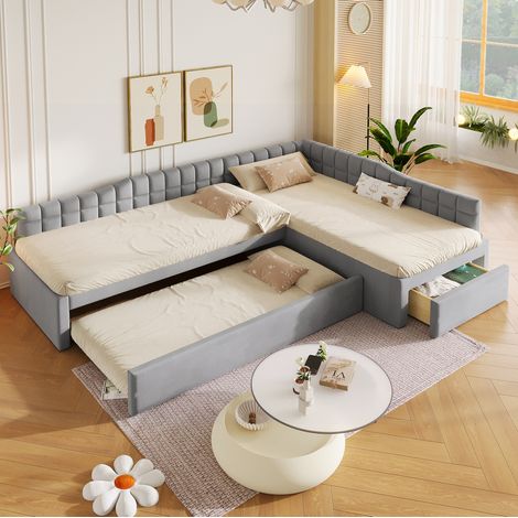 Cama nido 90x200 cm con cama auxiliar y cajones, en terciopelo, gris (1/5)