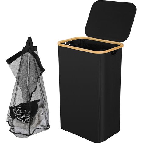 Randaco Cesto portabiancheria con coperchio, 100 L Nero Cesto portabiancheria – 1 sacco portabiancheria rimovibile (per uso in bagno e in casa)