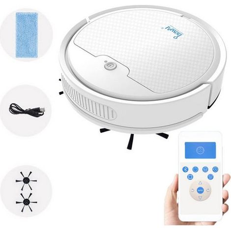 Aspirateur robot, Robot Laveur, Aspirateur robot 2 en 1, Contrôle APP, puissance d'aspiration 1600 PA, prévention des chutes, Blanc, KINSI (1/5)