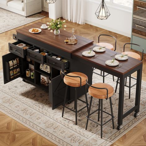 Îlot de cuisine avec rangements,table à manger/bar extensible (131,5-210 cm), pivotant à 360°,avec tiroirs et placards,plan de travail,Noir