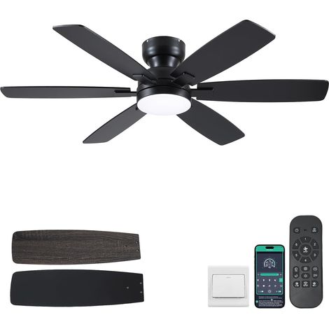 Ventilateur de plafond 132 cm avec lumière, bas profil encastrable, télécommande et APP, 6 pales réversibles, 3 températures de couleur dimmables, moteur silencieux pour chambre, noir (1/5)