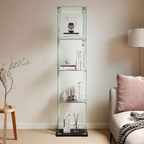 Glasvitrine - 4 Regale - LED-Beleuchtung - Schwarz - 163cm für Wohnzimmer/Schlafzimmer