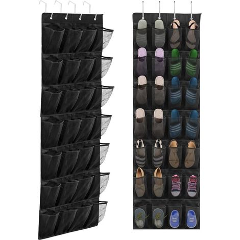 Rangement à chaussures à suspendre au-dessus de la porte, avec 28 grandes poches en filet et 4 crochets métalliques (noir) (1/5)