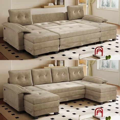 Canapé panoramique en U modulable convertible en chenille, port USB, 4 coussins inclus, 278 x 127 x 87 cm, camel