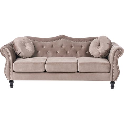 Sofá 3 plazas tapizado en terciopelo botones de adorno apoyabrazos enrollados estilo glam gris pardo Skien (1/5)