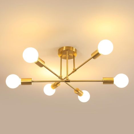 Lustre Industriel 6 Lumières - Fer Doré - Design Sputnik Vintage - Éclairage Salon Chambre - Diamètre 60 cm (1/5)