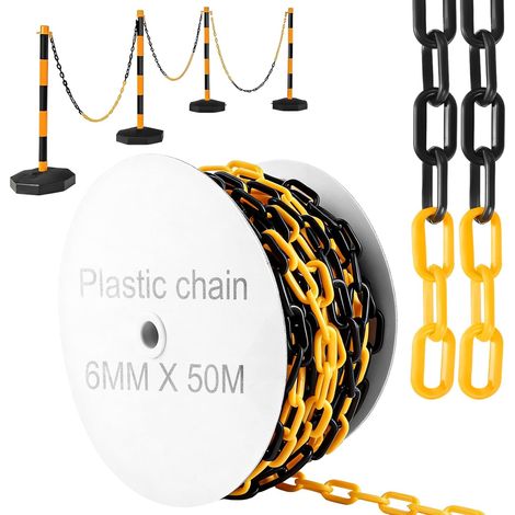Chaîne de délimitation en plastique noir et jaune de 50 m d'épaisseur - Chaîne en plastique de 6 mm d'épaisseur - Chaîne en plastique pour verrouiller les surfaces - Bien visible, stable et (1/5)