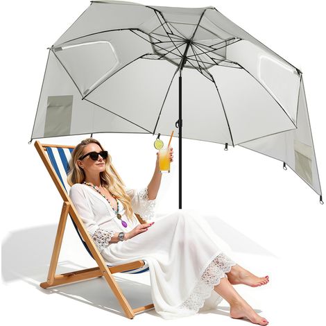 Randaco Strandschirm mit Spiral-Bodenanker 210 cm, UPF 50+ Sonnenschutz, wasserabweisend, höhenverstellbar, ideal für Strand Camping Garten Beige