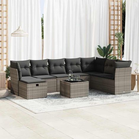 Set de sofás de jardín con cojines 9 pzas ratán sintético gris