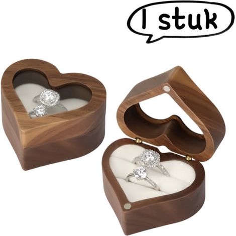 stuk - Ringdoos - Houten hartvormige ringdoos voor het opbergen van sieraden - Verpakking - Huwelijksjubileum/Valentijnsdag - Cadeau met gegraveerde naam - Handgemaakt - Bruin + wit (1/5)