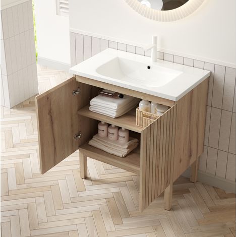 Mueble lavabo 80,5x46,5x88 cm en cerámica blanca y roble, almacenaje compacto (1/5)