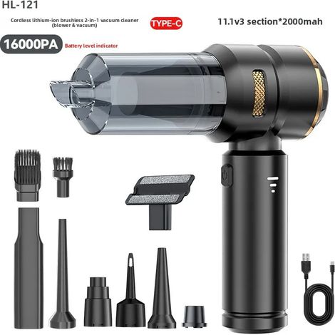Aspirateur portable avec fonctions de soufflage et de gonflage à main, adapté à une utilisation à la maison et en voiture.