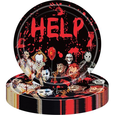 Assiettes Jetables Rondes en Carton 23cm,16 Pièces Assiettes Papier Personnages de Films d'horreur Recyclables Biodégradables,pour Fête d'Halloween Fournitures Décorations Table (1/5)