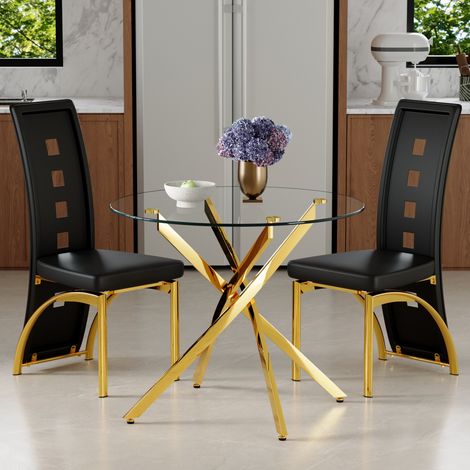 Ensemble table et chaises salle à manger : table en verre trempé 88 cm + 2 chaises noires similicuir motif géométrique perforé, moderne minimaliste (1/4)