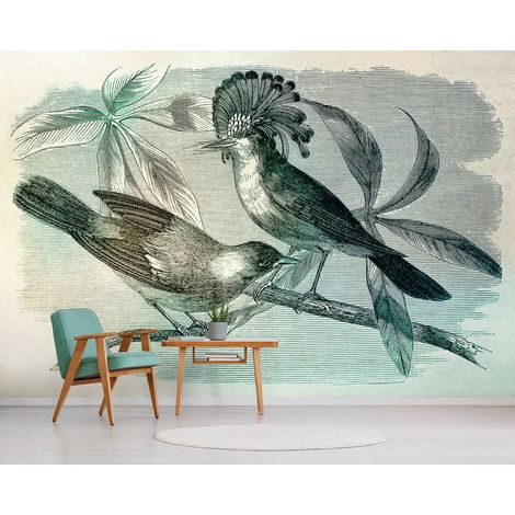 Papier peint panoramique oiseaux vert & gris | Tapisserie panoramique motif oiseau vintage | Papier peint panoramique cuisine & salon - 270 x 400 cm (4 pièces) (1/5)