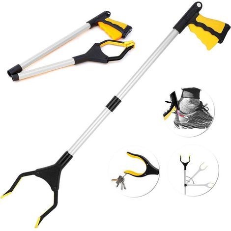 Poignée Attrape-Tout Pliante, 32" Pince Rotative en Caoutchouc, Outils de Ramassage, Outil de Préhension Pliable-Déchets - Jaune (1/4)