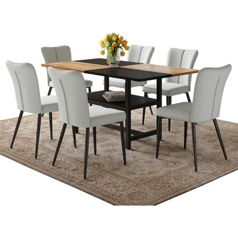 Ensemble repas 3 pièces, table ronde 60 cm avec 2 chaises gris clair rembourrées, plateau effet bois et structures dorées (1/5)