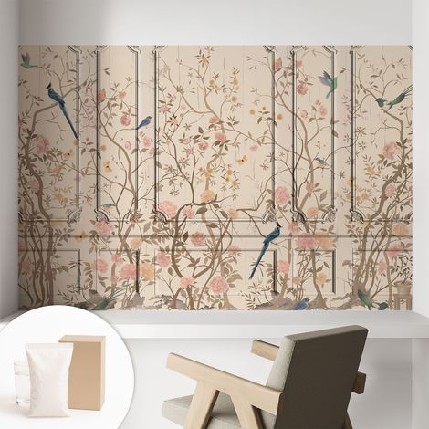Papier peint intissé classique moderne pour salon et chambre à coucher Décoration rapide avec colle Oiseaux et fleurs 104x70 cm (1/5)