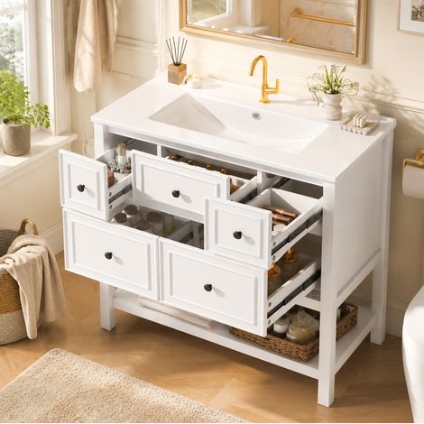 Waschbeckenunterschrank mit Keramikbecken, 76 x 46,5 x 82 cm, 5 Schubladen, weiß OKMYHOME (1/5)