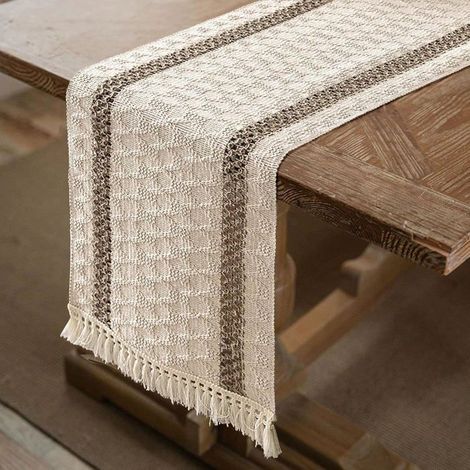 Chemin de table 180 x 30 cm, beige, avec pompons, pour table à manger ou table basse, style bohème. Décoration de table (1/5)