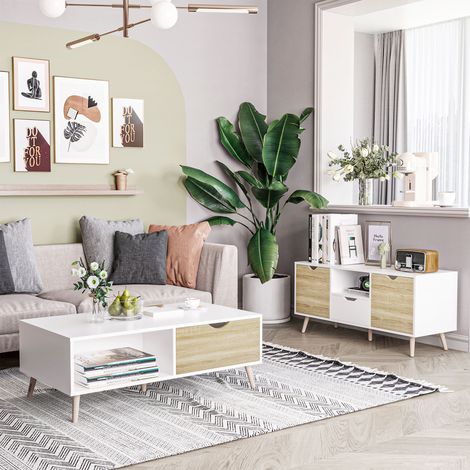 Meuble TV moderne pour téléviseur jusqu'à 127 cm (50 pouces) en panneaux de particules avec tiroirs, étagères ouvertes et placards, 110 x 40 x 50 cm, blanc et bois. (1/5)