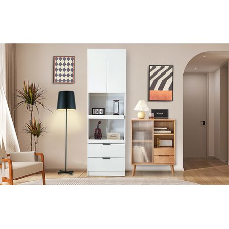 Placard cuisine haut 200cm multiples portes tiroirs étagères micro-ondes,anti-basculement multifonction autoportant salon blanc. (1/5)