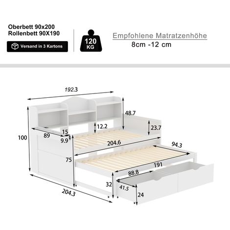 Schlafsofa 90200, Ausziehbett 90190 mit zwei Schubladen, großem Staufach und Ablagekorb, USB-Steckdose, Einzelholzbett, weiß (1/5)