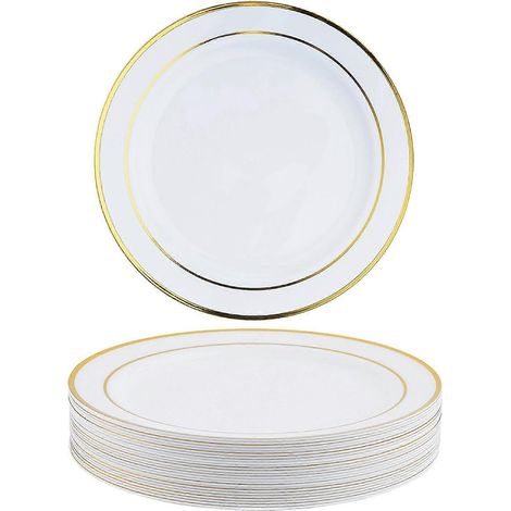 Lot de 25 assiettes plates en plastique de qualité supérieure avec cadre doré, petites assiettes réutilisables, idéales pour les apéritifs, les mariages, les anniversaires, les pique-niques, les barbe (1/4)