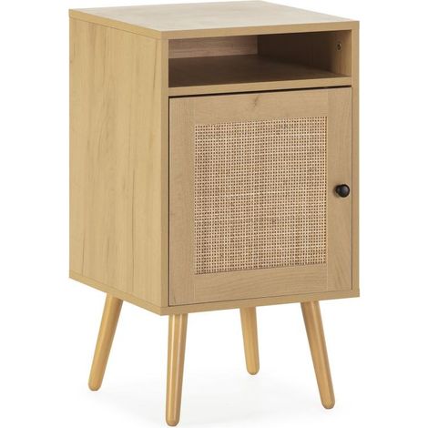Table de Chevet Bella 1 Porte Couleur Chêne, Rotin Naturel (1/5)