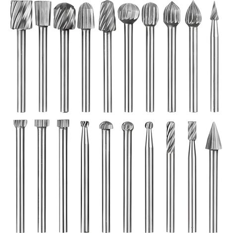 Lot de 20 tiges de fraisage en métal dur - Double coupe - Avec tige de 3 mm - Compatible avec Dremel - Accessoires pour meulage, sculpture, polissage du métal, gravure, perçage