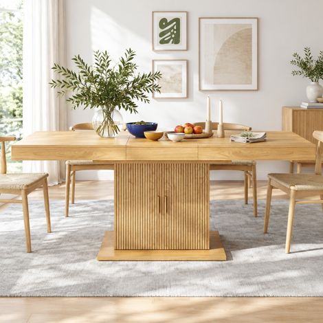 Table à manger extensible 140 à 180 cm en MDF, avec rangement intégré, portes rainurées et étagère amovible, largeur 90 cm, hauteur 75,2 cm, pour cuisine et salle à manger CHICFURN (1/5)