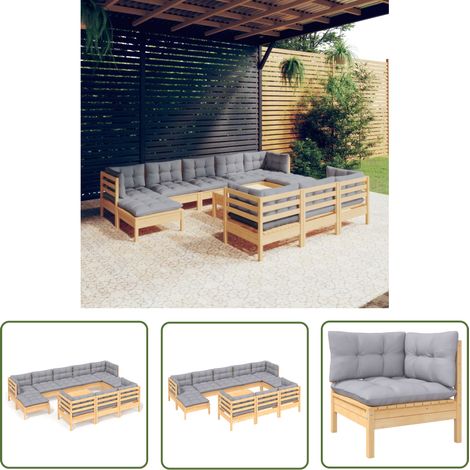 The Living Store 11-tlg. Garten-Lounge-Set mit Grauen Kissen Kiefer Massivholz - Gartensessel - Lounge Set - Gartenmöbeln - Outdoor Möbel - Rattan Sessel (1/5)