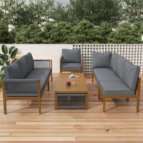 Sitzgruppe Gartengarnitur, Gartenlounge Set für 7-8 Personen.Gartenmöbel Set mit Sofa, Tisch& Kissen,abnehmbarer und waschbarer Stoffbezug, Natural & Grau