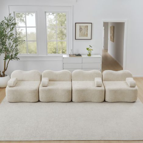Canapé modulaire beige 4 places Boneless, forme ondulée, mousse 32D haute densité, assise large, coussin d'accoudoir démontable, parfait pour salon (1/4)