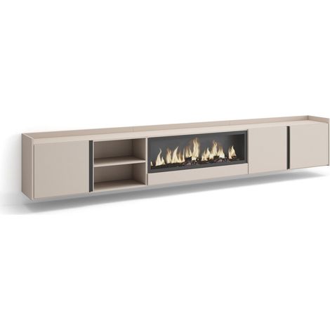 Skraut Home - Meuble TV, Banc Télé, Grand espace de Rangement, 315x35x50cm, Pour les TV jusqu'à 80", Cheminée électrique XXL, Suspendu, Mural, Style moderne, Beige (1/5)