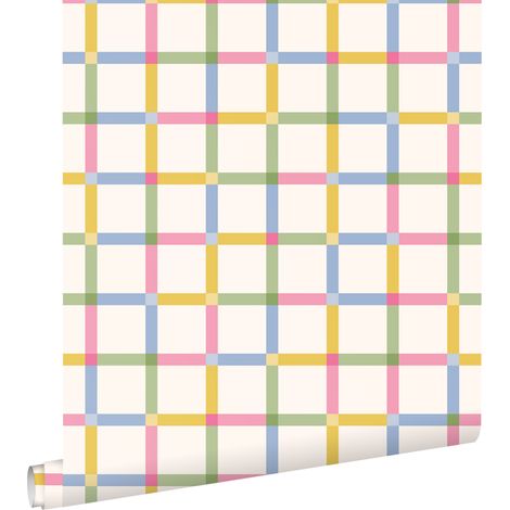 papier peint à damier rose, vert, bleu et jaune  - ESTAhome