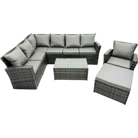 Fimous 8 places Dos haut Ensemble de meubles de jardin en rotin  Canapé d'angle avec Table basse rectangulaire Grands Tabouret (1/5)