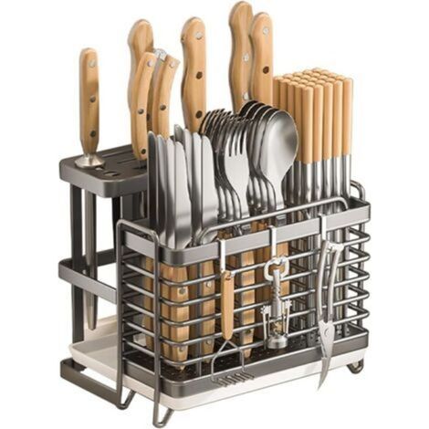 Porte-ustensiles de cuisine en acier inoxydable – Organiseur triple avec égouttoir – Fixation murale sans perçage – Support amovible pour couverts et ustensiles (Gris)