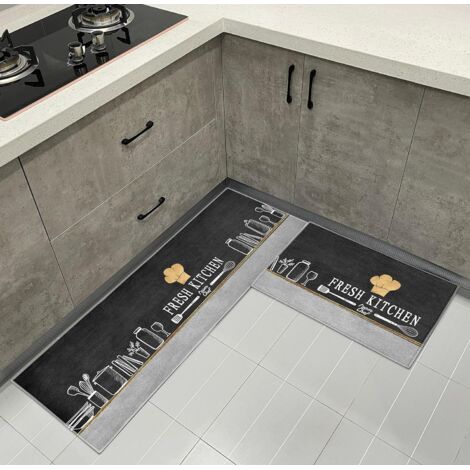 Lot de 2 tapis de cuisine lavables - Motif : tapis de cuisine antidérapant - Pour cuisine, salle à manger, 40 x 120 cm + 40 x 60 cm (chapeau de chef) (1/5)