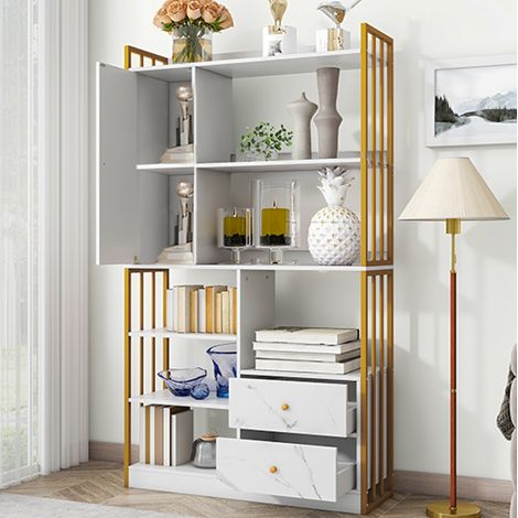 Libreria MEUBLIV 100 x 30 x 173,5 cm bianco e oro – 6 ripiani, ante e cassetti (1/5)