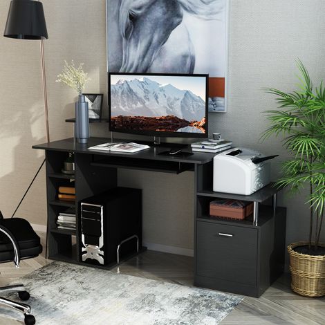 Bureau informatique moderne avec tiroirs, étagères et clavier coulissant, bureau de travail à domicile en bois noir 152x60x88 cm (1/5)