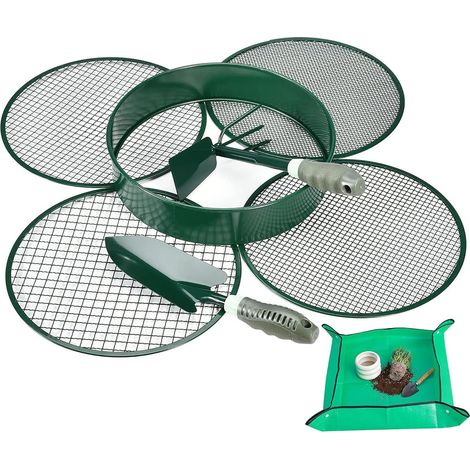 4 in 1 Garden Sieve, 4 Interchangeable Inserts, Diameter 12 mm/9 mm/6 mm/3 mm, Stainless Steel Compost Sieve for Soil, Compost, with Scoop and Hoe for Dual Use (1/5)