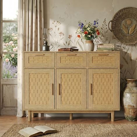 Sideboard aus Holz mit 3 Schubladen und 3 Türen aus Rattangeflecht, Kommode im Landhausstil, Aufbewahrungsschrank Natur, 108x40x80 cm