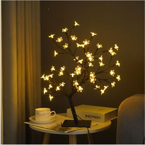 Lampe LED en forme d'arbre bonsaï, USB, décoration de chambre à coucher, veilleuse de Table, noire, 48 lumières Sakura (1/4)