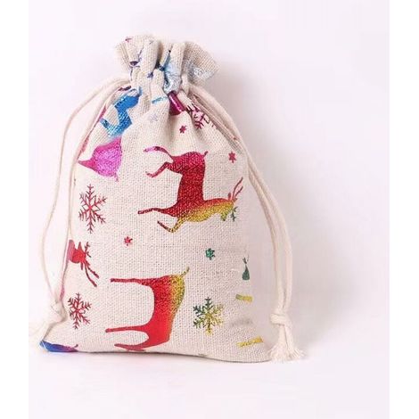 Lot de 10 sacs en lin avec cordon de serrage, motif étoiles, idéal pour Noël, motif flocon de neige et élan, 10 x 14 cm (1/4)