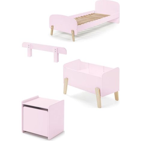 Pack - Lit Enfant, Chevet, Barrière & Coffre "Kiddy" 90x200cm Rose (1/5)