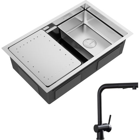 Cecipa Lavello Cucina 1 Vasca 70×44×21CM Lavello da Incasso in Acciaio Inox Spazzolato con Gocciolatoio e Vasca + Miscelatore con Doccetta Estraibile (1/5)