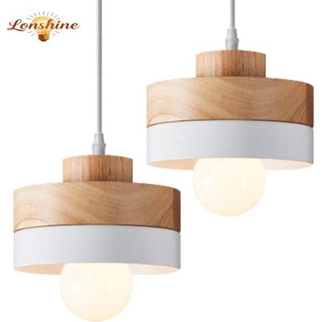 LONSHINE 2PCS Suspension Moderne Rond Lustre Abat-jour en Bois et Métal Blanc E27 Luminaire Éclairage de Plafond pour Salon Chambre (1/5)
