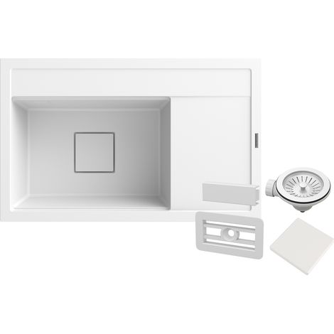 Évier de Cuisine Granit Blanc Granitan Rendo avec Siphon et Cache, 1 Bac, Résistant et Élégant, 80x50 cm (1/5)